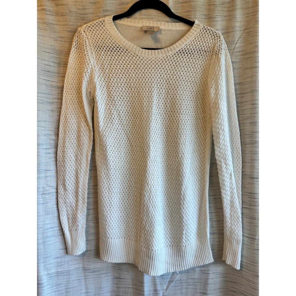 Ann Taylor LOFT Womens White Pointelle Open Knit Long Sleeve Crewneck Sweater M